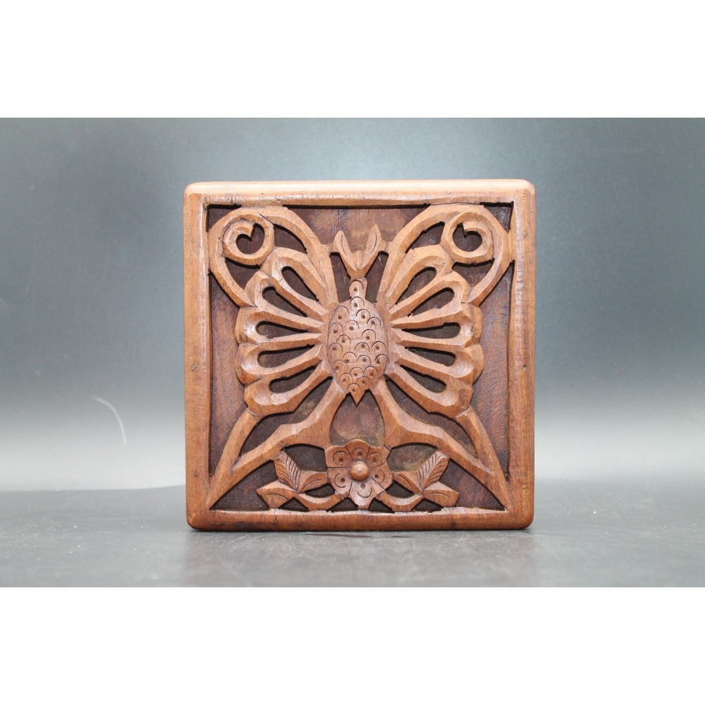 Vintage Hand Carved Wood Trinket Box Butterfly Floral Jewelry Keepsake Box 6"